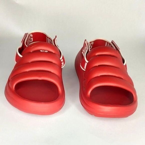 UGG Sport Yeah Sandals 9 Samba Red Slides logo Print Backstrap Resort Beach - Picture 4 of 10